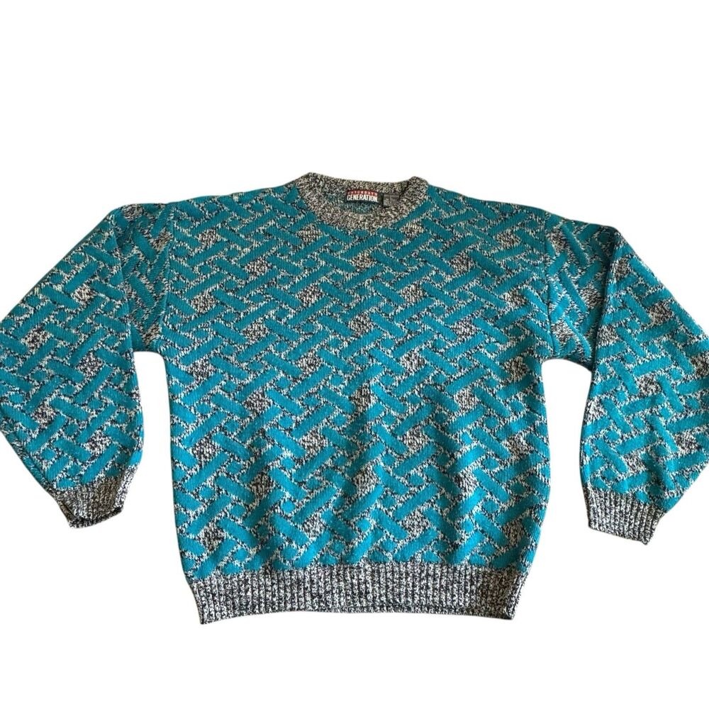 Vintage 90s Saturday's Generation Brand Blue Grey Colorful Sweater Size L